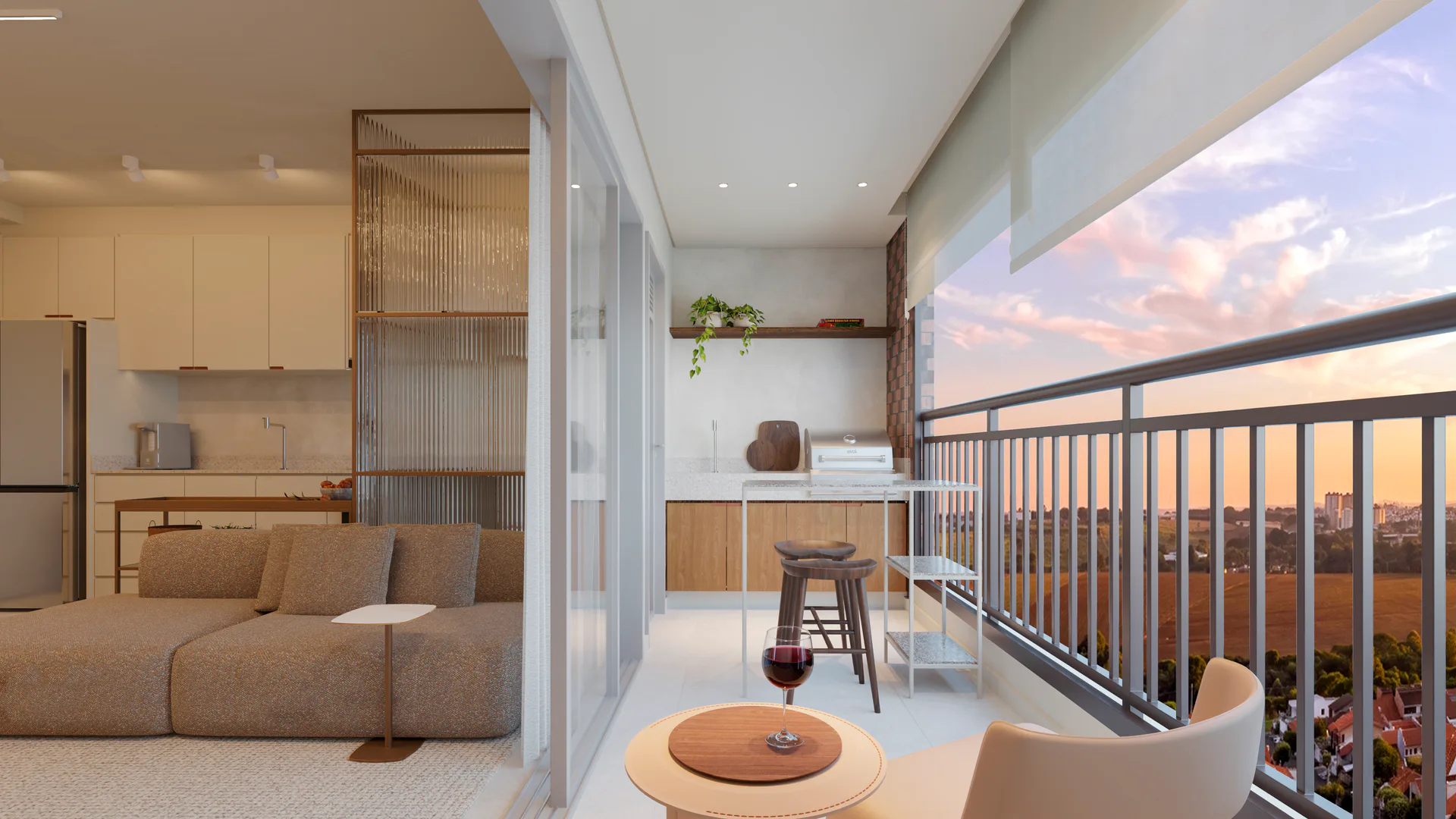 Varanda e living — decorado 62 m²