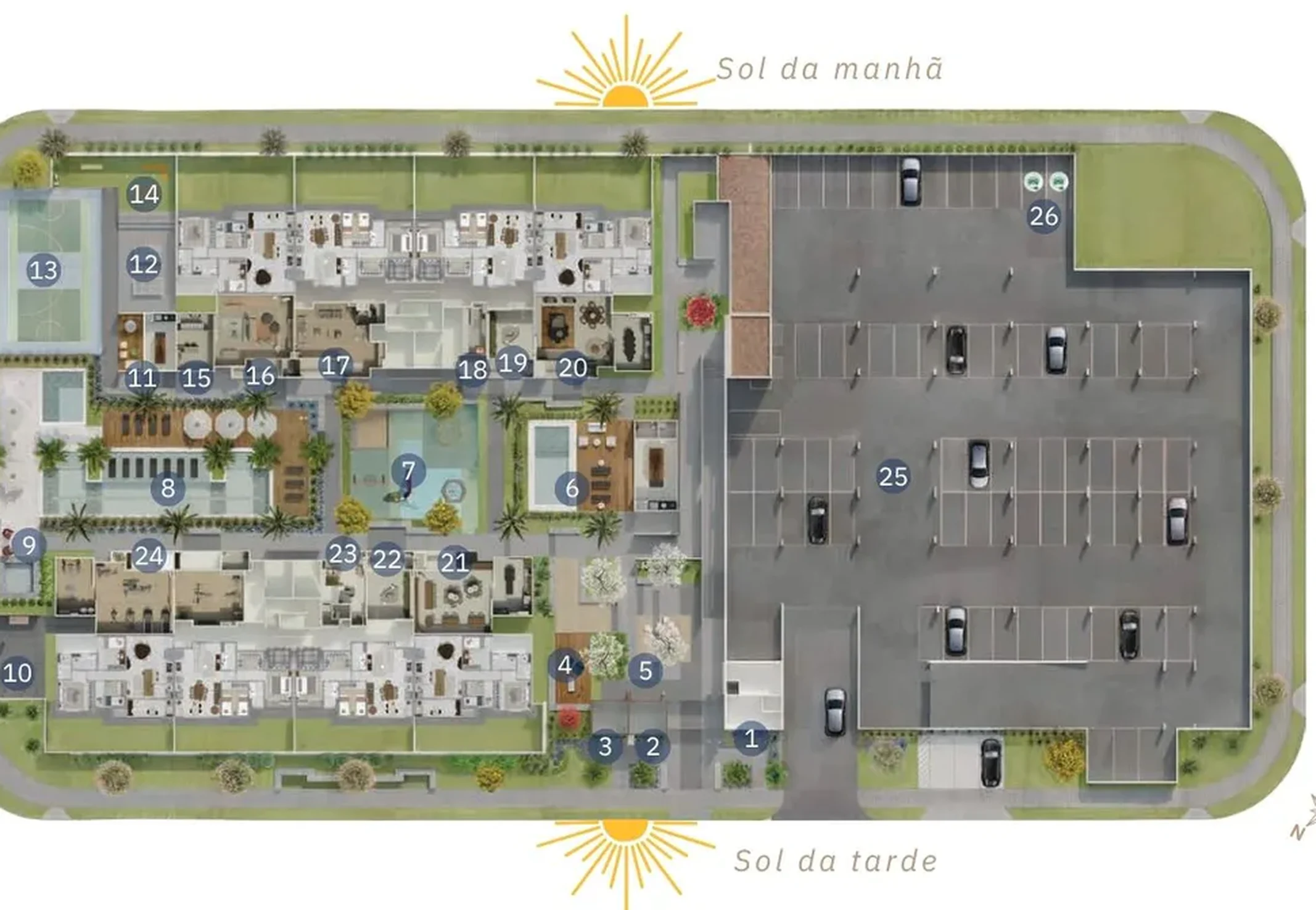 Planta de implantação do lazer do Riviera Home Resort, com a posição do sol da manhã e da tarde