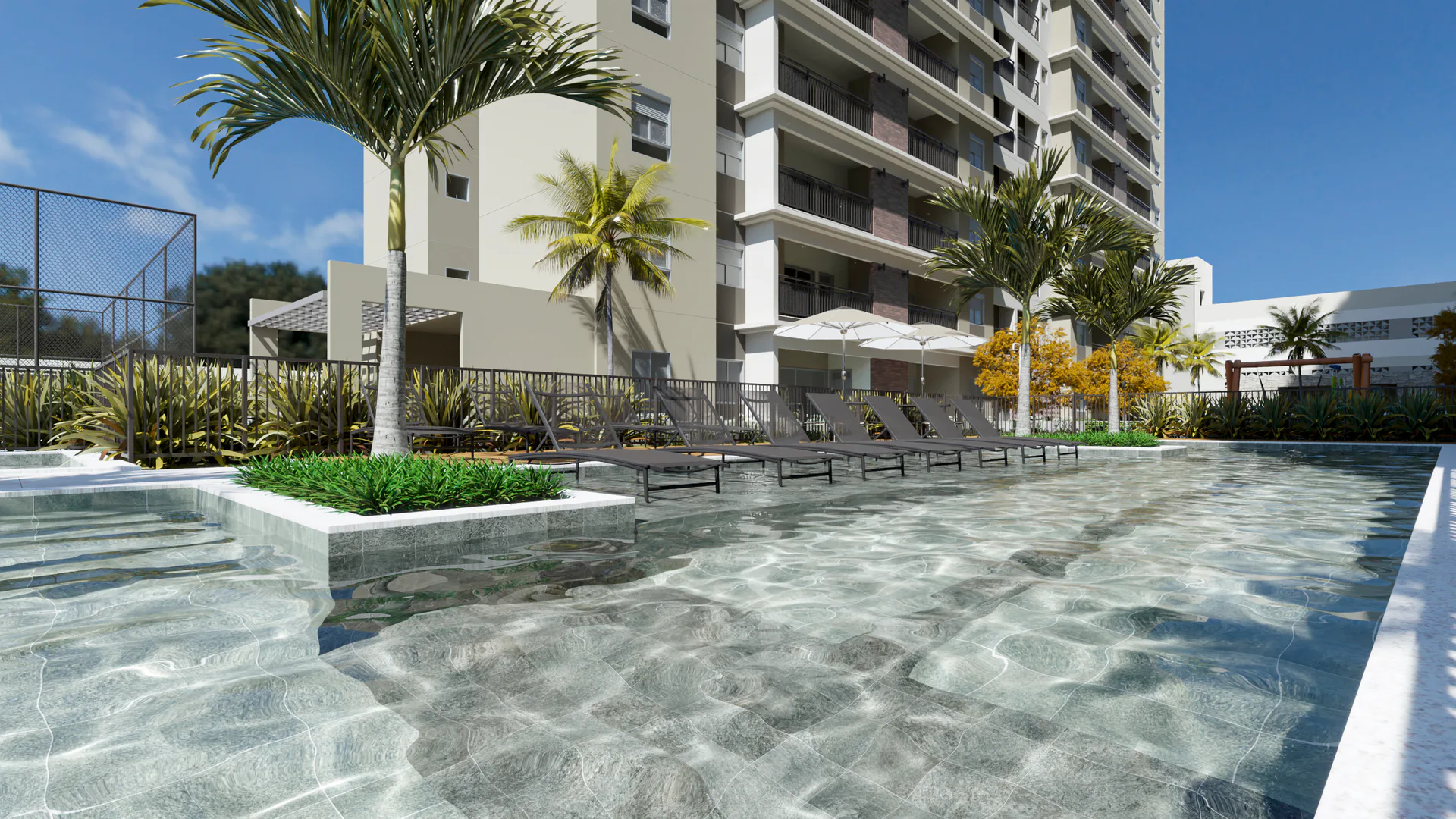Piscina e torres do Riviera Home Resort