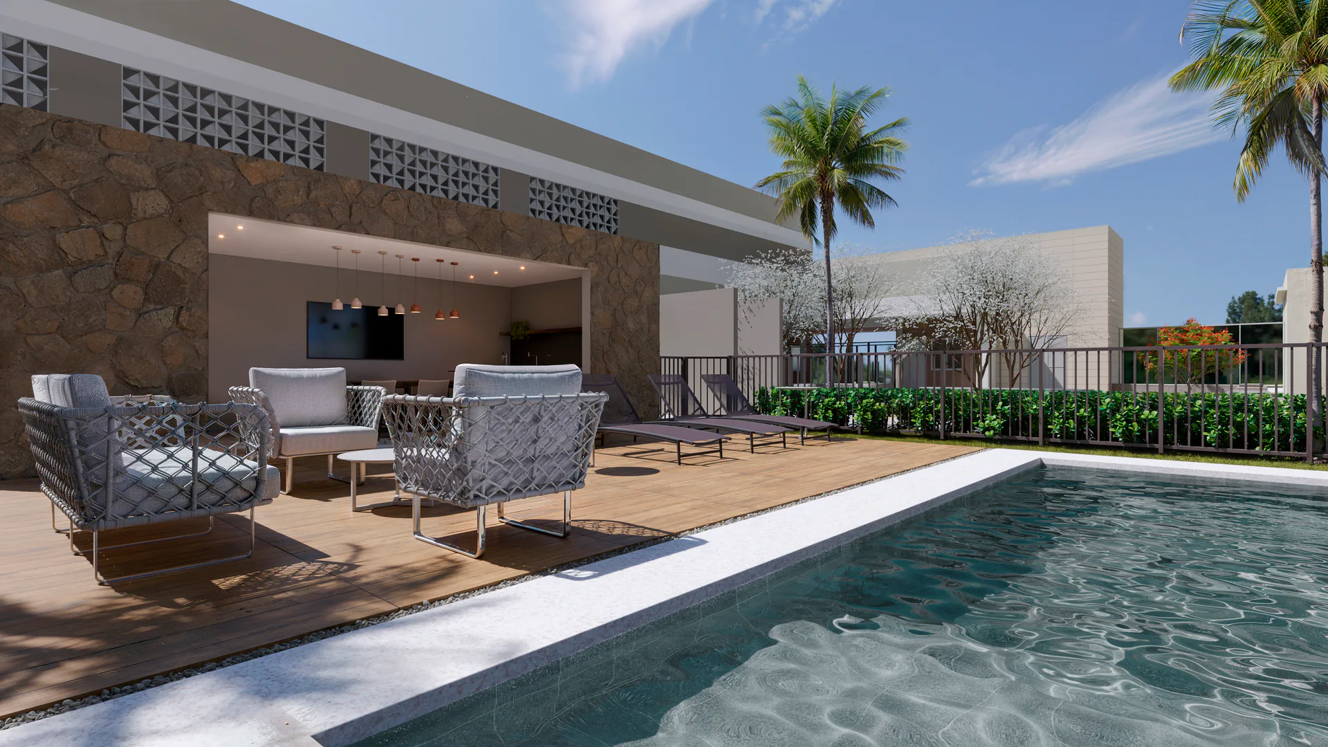Deck da piscina do Riviera Home Resort