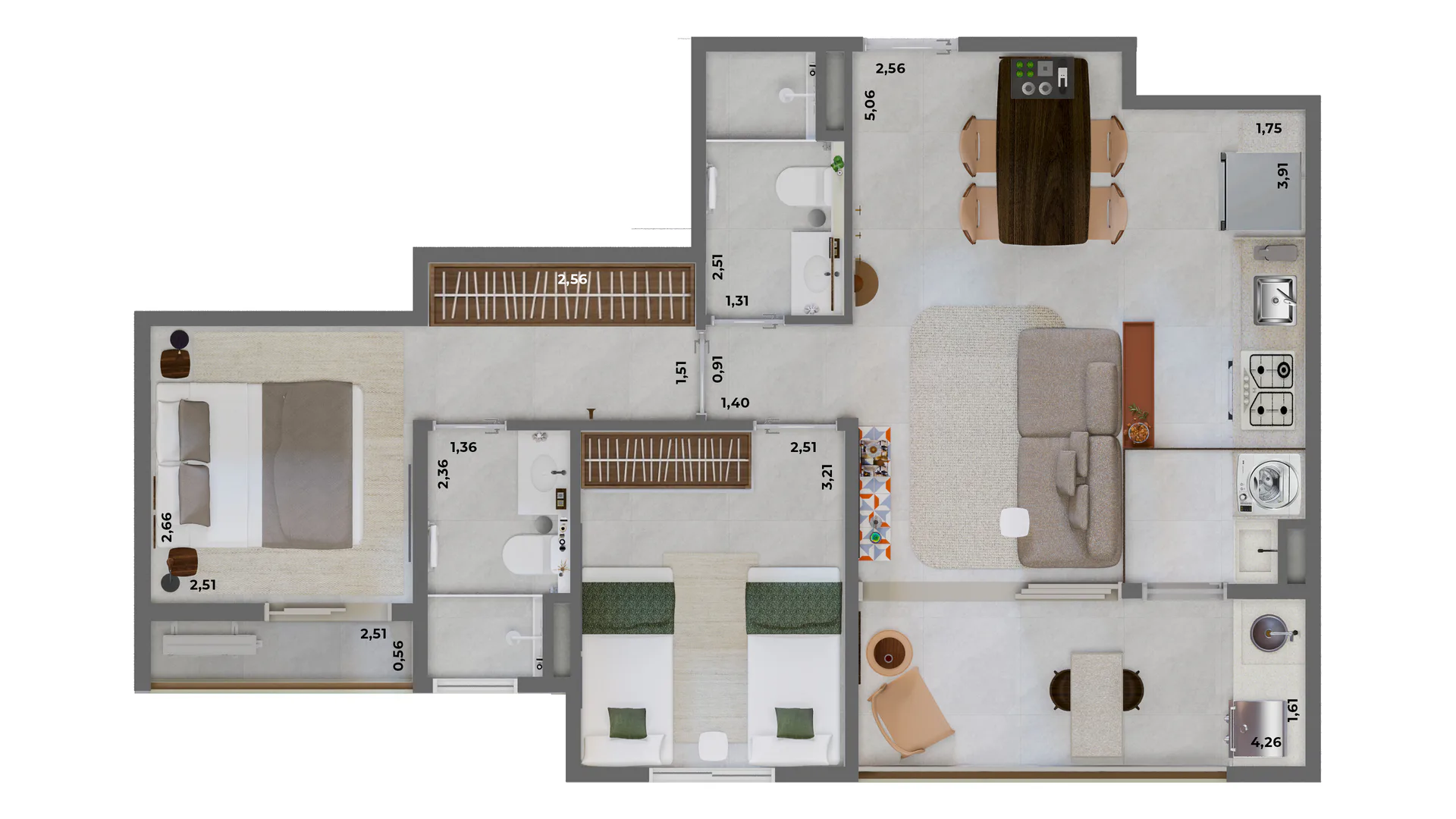 Planta do apartamento padrão de 62 m² com 2 dormitórios, sendo 1 suíte