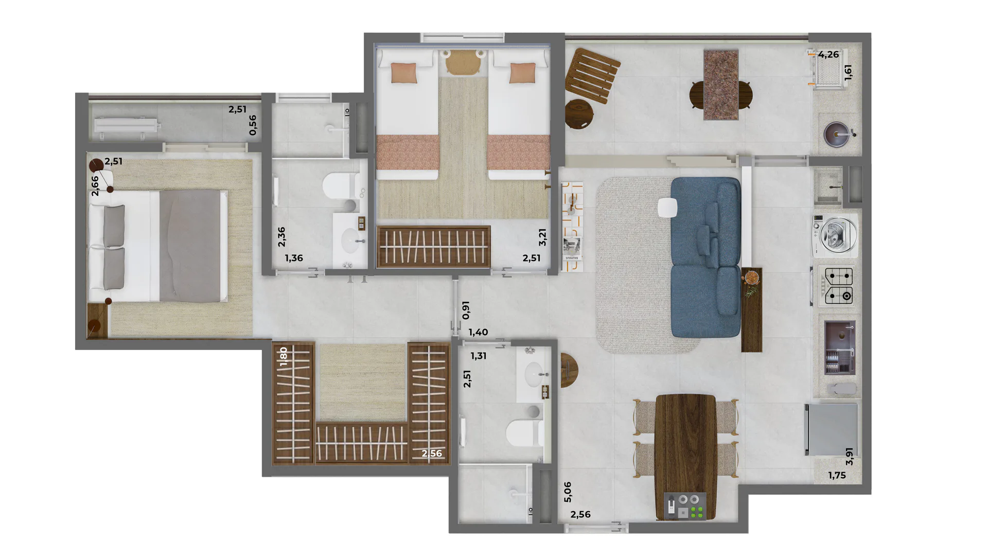 Planta do apartamento padrão de 65 m² com 2 dormitórios, sendo 1 suíte com closet