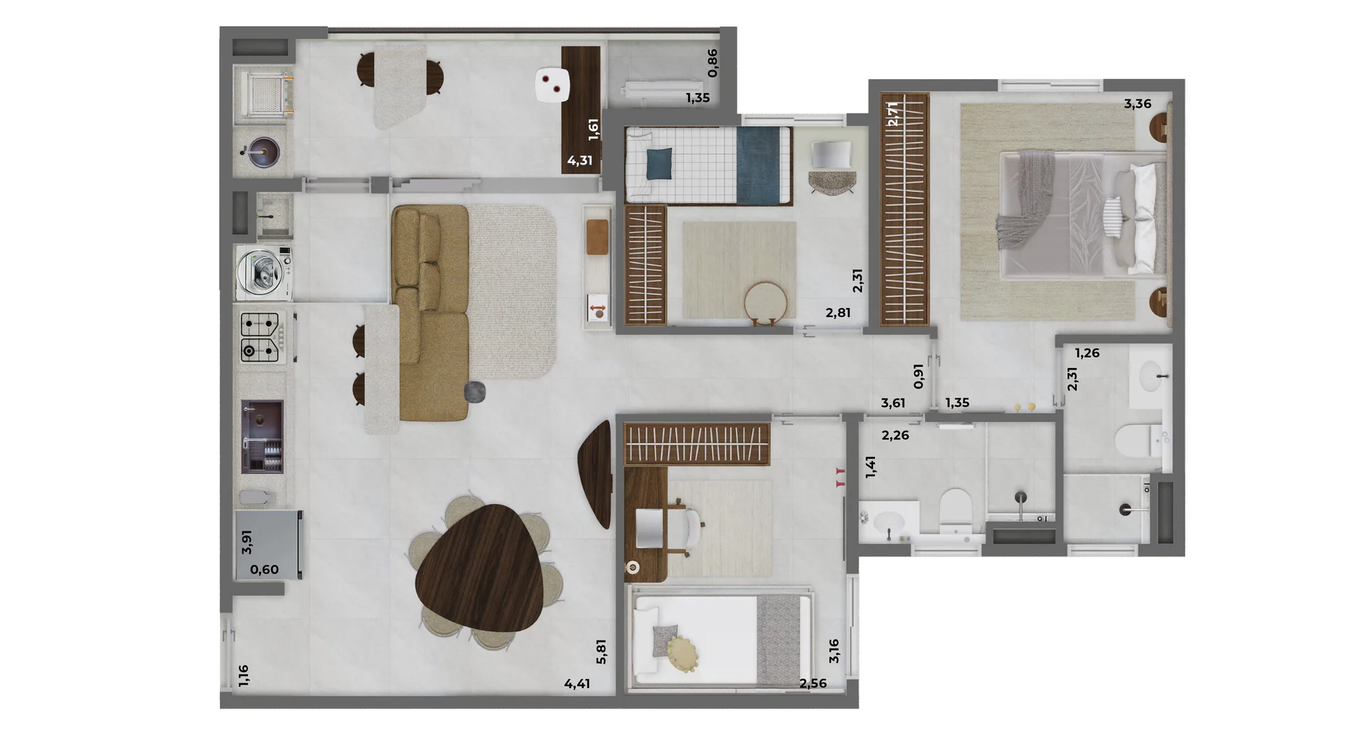 Planta do apartamento padrão de 75 m² com 2 dormitórios, sendo 1 suíte