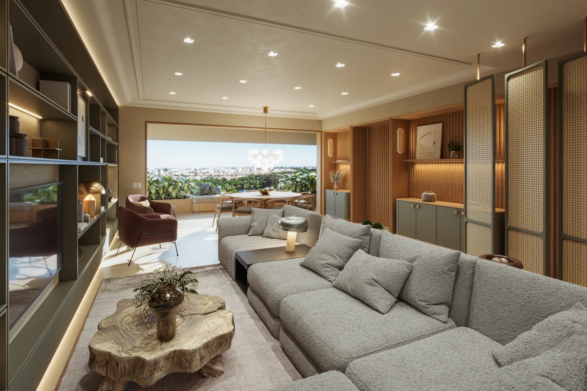 Living e jantar do apartamento decorado de 190 m²