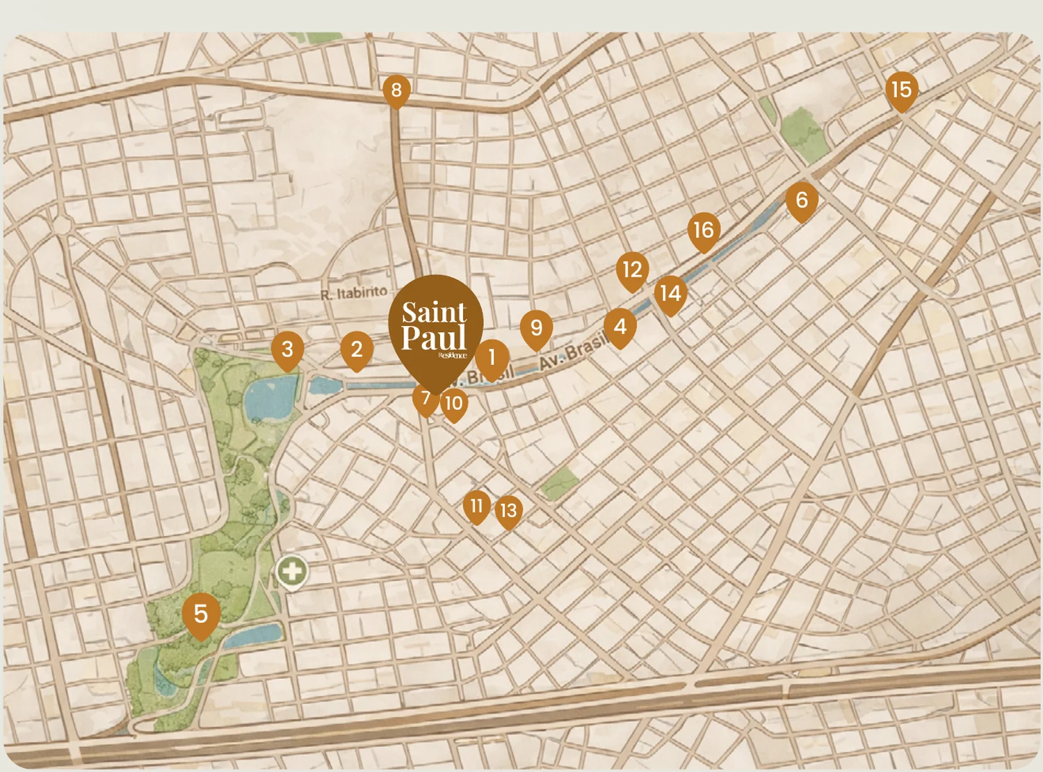 Mapa da região da Avenida Brasil com a localização do Saint Paul Residence e os pontos de interesse ao redor