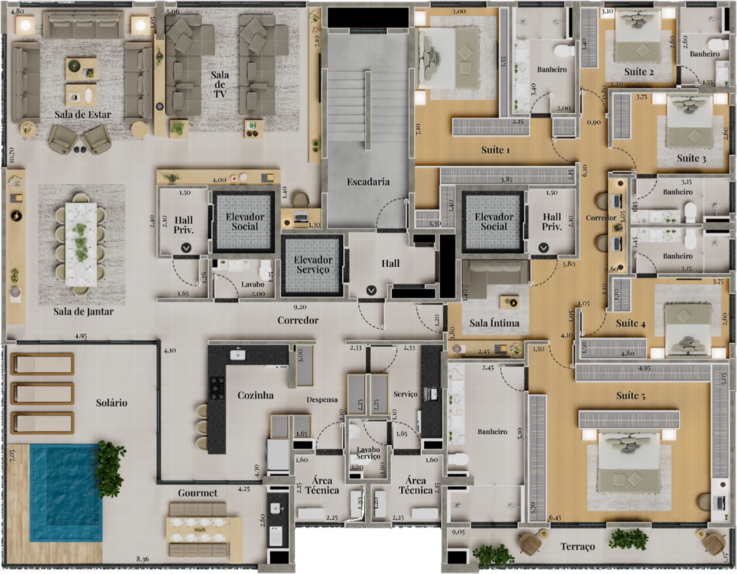 Planta Penthouse Torre A, 385,95 m², 5 suítes