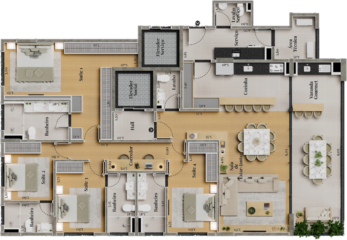 Planta Tipo I, 190,78 m², 4 suítes com cozinha americana
