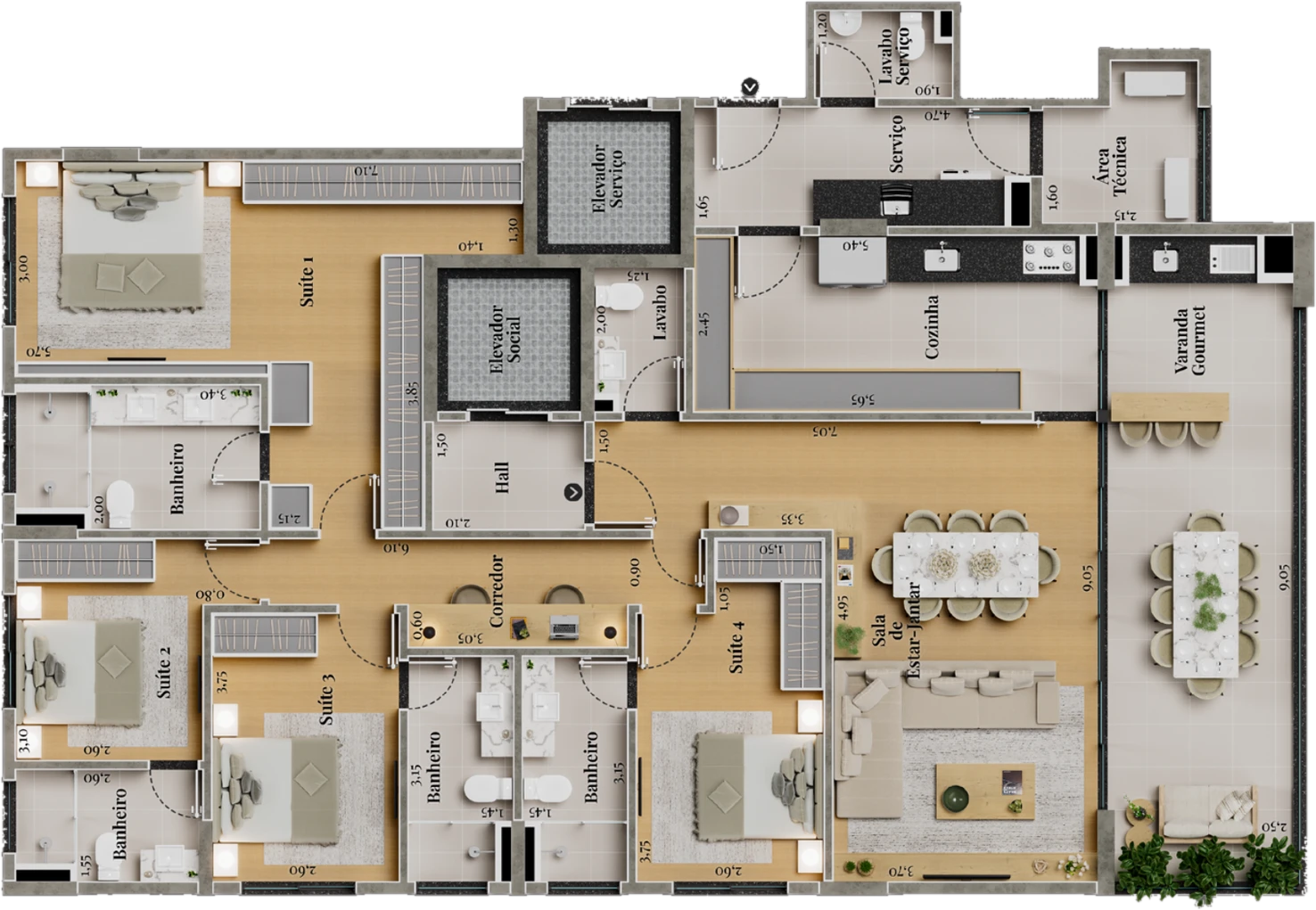 Planta Tipo II, 190,78 m², 4 suítes com cozinha fechada
