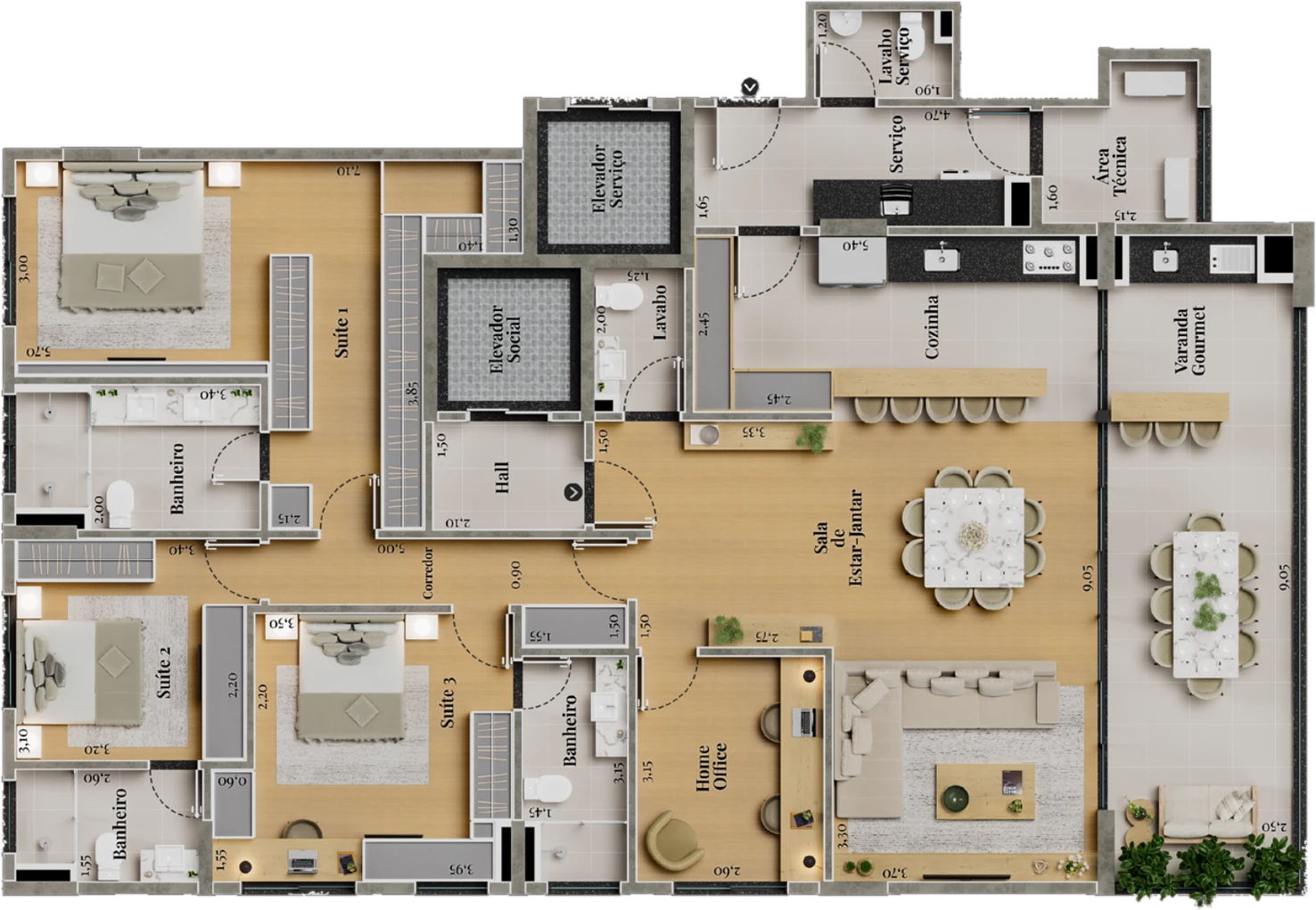 Planta Tipo III, 190,78 m², 3 suítes com escritório