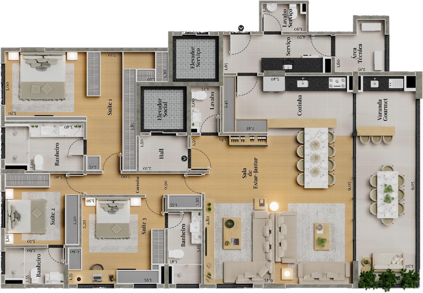 Planta Tipo IV, 190,78 m², 3 suítes com living estendido