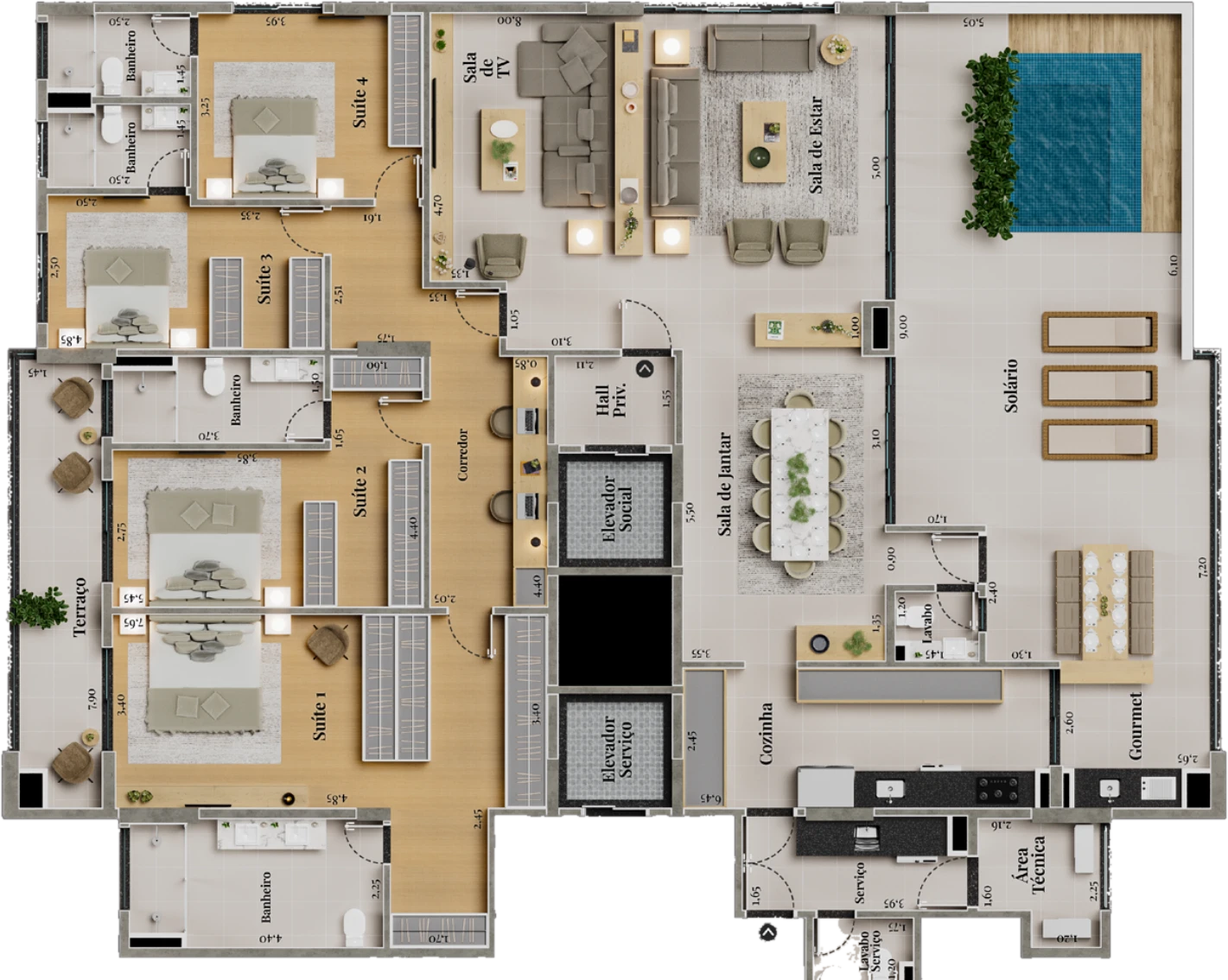Planta Penthouse Torre B, 316 m², 4 suítes