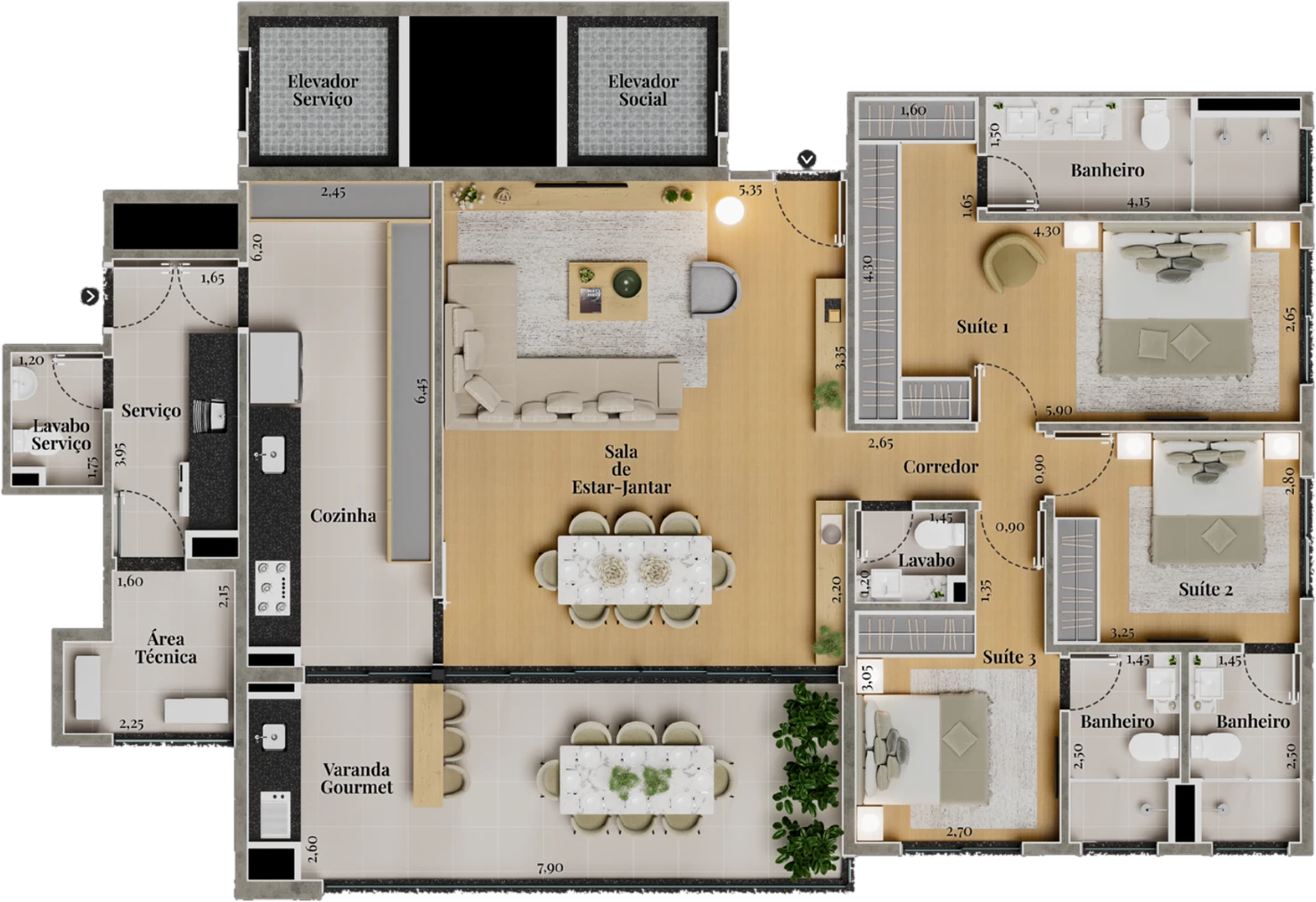 Planta Tipo II, 156,51 m², 3 suítes com cozinha fechada