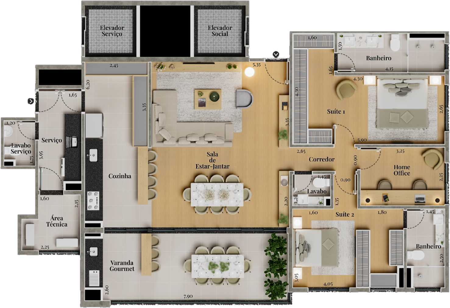 Planta Tipo III, 156,51 m², 2 suítes com escritório
