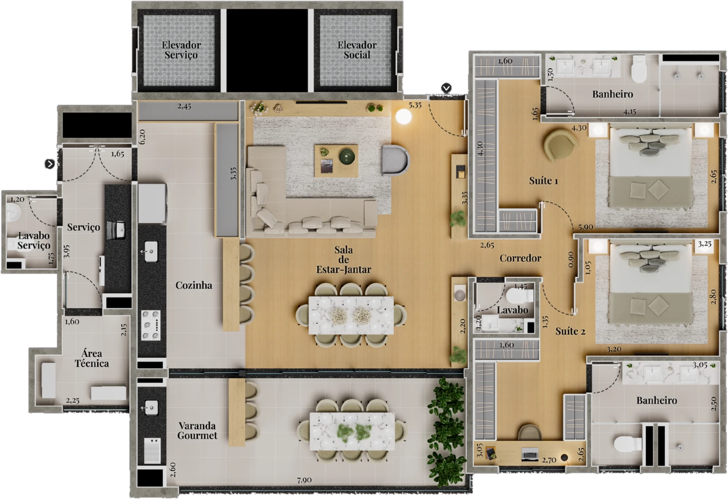 Planta Tipo IV, 156,51 m², 2 suítes