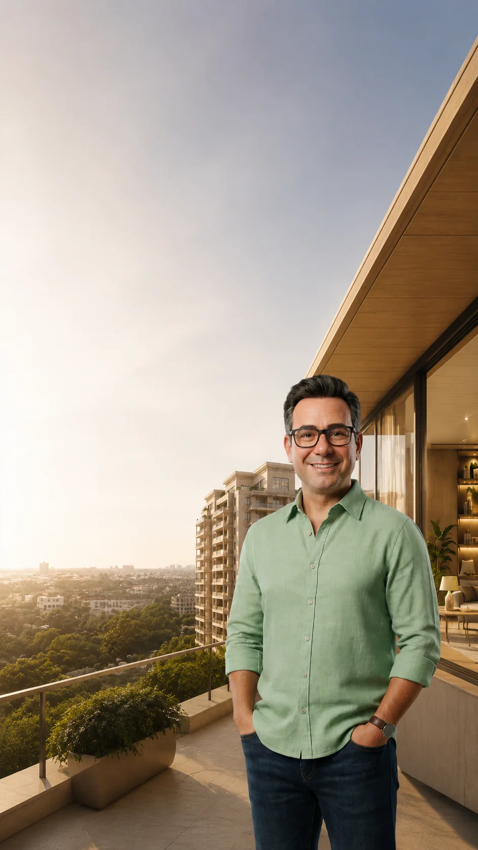 Márcio Zulian na varanda de um apartamento em Americana, ao entardecer